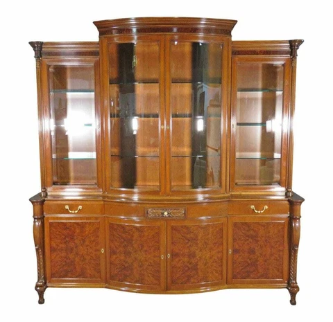 Burled Walnut Lighted Adams Style China Cabinet with Removable Crest Cover