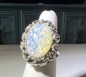 Lg Faux Opal Ornate Silver Tone Intricate Edge Cocktail Runway Adjust. Ring #80 - Picture 1 of 8