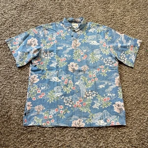 Reyn Spooner Hawaiian Shirt Size XL Blue Japan Sakura Spring Cherry Blossom - Picture 1 of 7