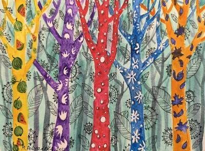 Obra de Arte Original Paisaje Pintado a Mano FANTASÍA NOCHE BOSQUE Arte Pared Regalo A5 Foto 1 de 4