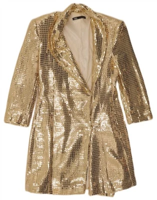 Chaqueta Blazer ZARA Mujer Manga 3/4 Longline Reino Unido 10 Pequeña Dorada Nylon DE05 Foto 1 de 3