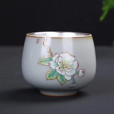Taza de té de plata esterlina esmalte de porcelana exterior floral pintado debajo de las tazas esmaltadas Foto 1 de 4