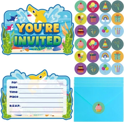 Invitaciones de fiesta de tiburones, temática del océano, 20 invitaciones, 20 sobres, 24 pegatinas Foto 1 de 4