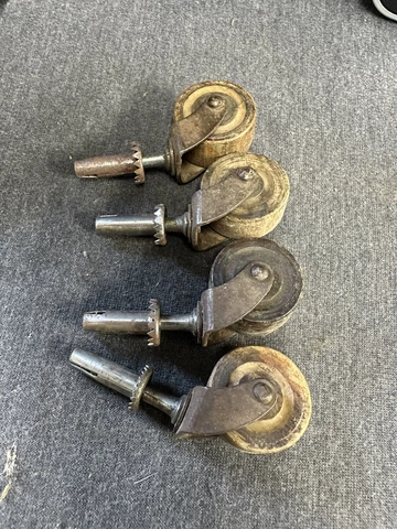 Set of 4 Vintage Metal Casters W/ 1 3/4” X1” Wood Wheels - Includes sockets Cover