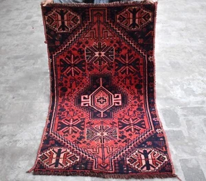 1930s Antique Geometric Small Area Rug 3x5 Red Caucasian Medallion Wool Carpet - Picture 1 of 11