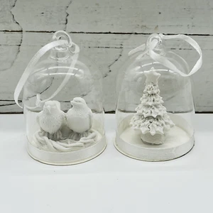 Two White Winter Glass Dome Christmas Tree Ornaments Snow Birds Set OR25 - Picture 1 of 6