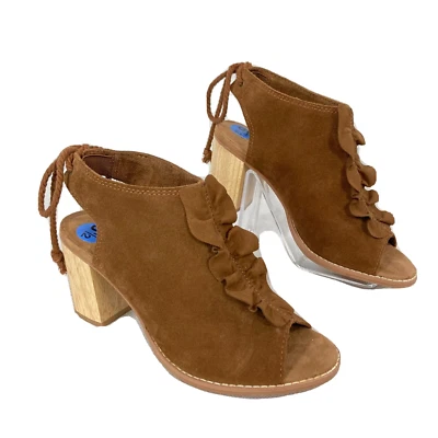 Toms Sandals Womens Sz 6.5 Brown Leather Elba Ruffle Peep Toe Block Heel NEW - Image 1 of 4
