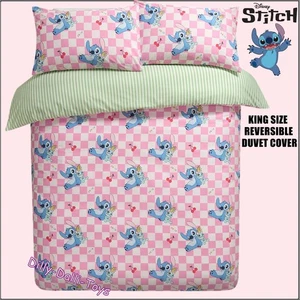 Disney Stitch & Scrump KINGSIZE Duvet Cover Bed Set Pink Check & Cherry Lilo NEW - Picture 1 of 20