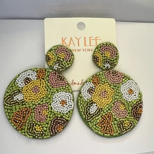 KAYLEE Seed Beaded Beautiful Boho Floral Green Dbl Circle Post Earrings HandMade - Picture 1 of 3