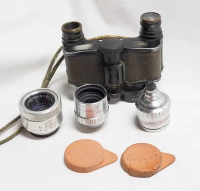 French Roussel Lens , LPetit binoculars(for parts), 2 Elgeet cine(?) lens - Image 1 of 4
