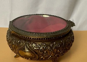 Vintage Brass & Velvet Ormolu Filigree Casket Jewelry Trinket Box - Picture 1 of 5