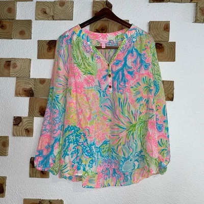 Женская большая цветная опрятная туника Lilly Pulitzer Elsa Silk Top Resort Beach - Изображение 1 из 4