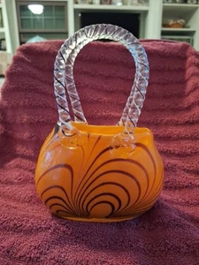 Hand Blown Glass Orange PURSE Shaped Vase, Clear Handle, Brown Stripes - Picture 1 of 7