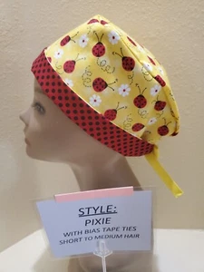 Ladybugs (yellow) Pixie Skull Women's Surgical Scrub Hat/Cap Handmade - Picture 1 of 9