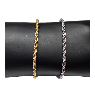 Stainless Steel Gold Plated Rope Chain Bracelet 3mm Unisex Hip Hop Jewelry - Image 1 of 2