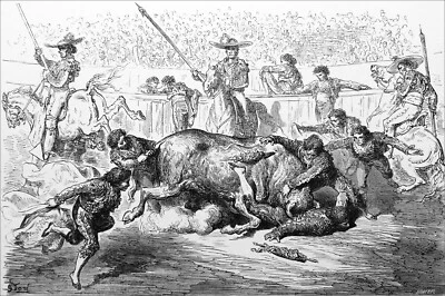 ESPAGNE- TAUROMACHIE (CORRIDA) BANDERILLERO en DANGER -Gravure 19e, Gustave Doré - Photo 1/3