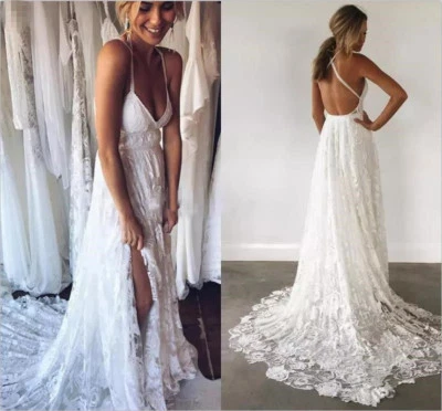 White Empire Spaghetti Lace Beach Wedding Dresses Open Back Bridal Gown Hot Sexy - Image 1 of 4