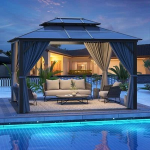 10'X12' Hardtop Gazebo,Outdoor Canopy Aluminum Frame Patio w/Netting & Curtains - Picture 1 of 14