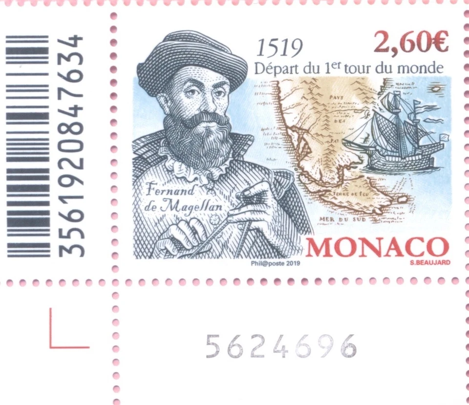 Selo Mônaco 2019 500º Aniversário da Circunavegação da Terra com canto - Imagem 1 de 2