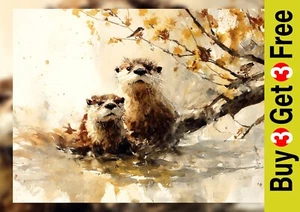 Curious Otters 5"x7" Print on Matte Paper | Playful Woodland Animal Painting - Picture 1 of 17