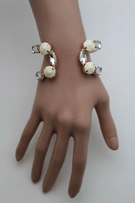 Damen Gold Metall Breit Manschette Handgelenk Armband Modeschmuck Silber Perle - Bild 1 von 4