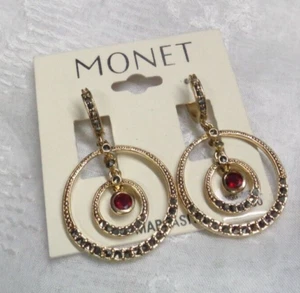 Vtg Estate Jewelry ~ MONET Goldtone MARCASITE Red Accent Dangle Earrings - Picture 1 of 6