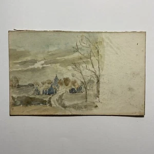 Antique Vintage original Landscape Sea Forest Lake Village Watercolour Painting - Picture 1 of 7