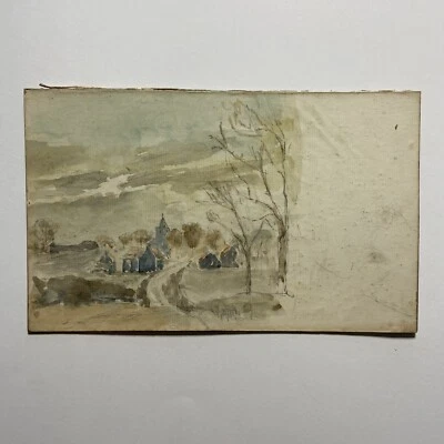 Antigua pintura acuarela vintage original paisaje bosque lago pueblo Foto 1 de 4