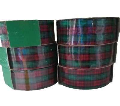 (6) LION BRAND PLAID RED & GREEN RIBBON 1 1/2" X 10 FEET PER ROLL NON-WIRED(NOS) - Image 1 of 3