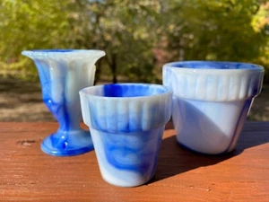 3 Akro Agate | Slag Glass Planters 300F 291 1/2 & 766 Hand Vase Blue Vintage Lot - Picture 1 of 3