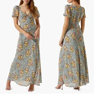 NEU ASTR The Label SCHIEFER gelb SWEETHEART AUSSCHNITT Blumenmuster TWIST BUST Maxikleid XS - Bild 1 von 15