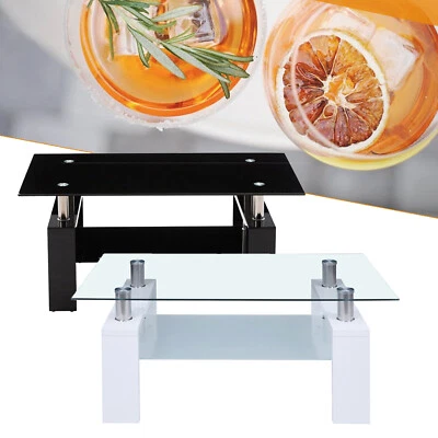  Mesa de centro de vidrio de 2 niveles sala de estar con estantes de almacenamiento mesa de té sala de estar Foto 1 de 4