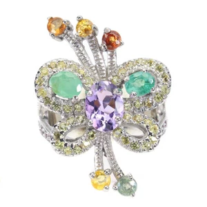 925 Sterling Silver Ring Oval Amethyst Emerald Natural Gemstone jewelry Size 9 - Picture 1 of 14