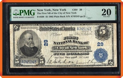 KC- Fr.598 1902 1st NB of City of New York , NY #29 - VF 20 PMG - Image 1 of 3