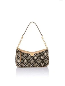 NWT Tory Burch T Monogram Chenille Studio Shoulder Bag Black Cream Box +Dust bag - Picture 1 of 8