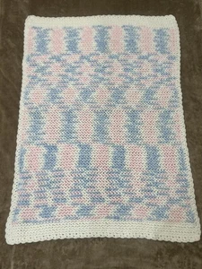 Crochet Knit Vintage Pastel Pink Blue Throw Crib Toddler Handmade Blanket 33x46 - Picture 1 of 2