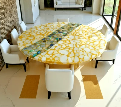 Mesa de comedor de ágata blanca - losa de piedras preciosas naturales, decoración de piedra de cristal de lujo Foto 1 de 4