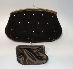 Vintage Dark Brown Velvet Clutch With Rhinestone Accents And Matching Coin Purse - Bild 1 von 8
