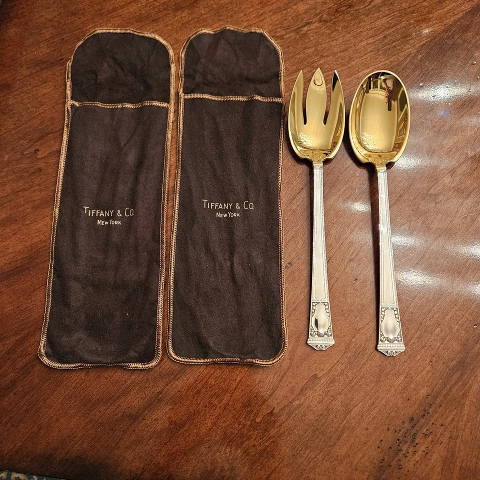 Antiguo juego de ensalada de ley Tiffany SAN LORENZO con cuchara tenedor lavado oro vermeil Foto 1 de 4
