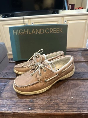 Highland Creek Gulfport Zapatos de Barco Mocasines Forrados de Vellón Talla 7 Cuero Tostado NUEVO Foto 1 de 4