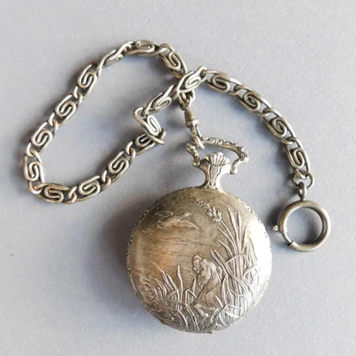 Pocket Watch: Andre Rivalle 17 Jewel Pewter case - Duck Hunting - needs repair - Image 1 of 4