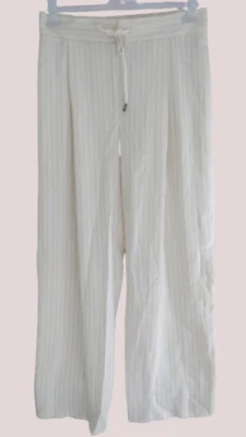 Warehouse Relaxed Fit Trousers with Vertical Stripes Cream UK 14 LN007 FF 10 - Image 1 of 3