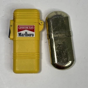2 Marlboro Advertising Lighters Brass No.6 Oval + Flip Top Yellow - Picture 1 of 4