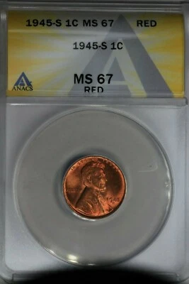 1945-S  .01  ANACS  MS 67 RED  Lincoln Head Cent, Lincoln One Cent - Image 1 of 2