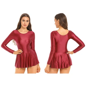 Women's One Piece Dress Leotard Swimwear Long Sleeve Glossy Swimsuit Dresses - Picture 1 of 56