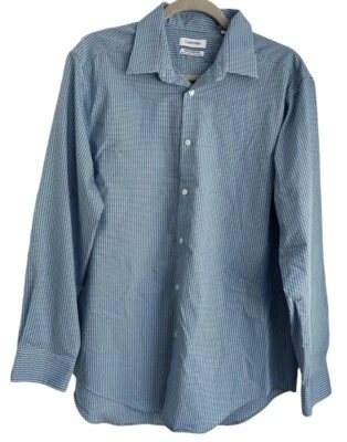 Camisa de vestir Calvin Klein 16.5 32/33 para hombre calce ajustado azul a rayas manga larga Foto 1 de 4