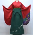 Furisode Kimono & Hakama & Obi sash set L Size Brand New Green Red