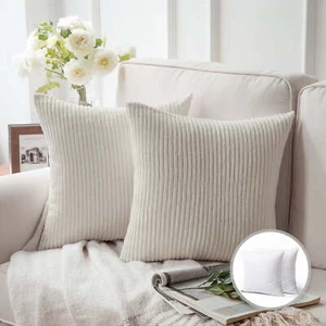 Soft Corduroy Striped Velvet Square Decorative Throw Pillow For Couch,Off White - Picture 1 of 9