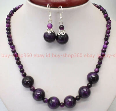 100% Natural 6mm 14mm Africa Purple Tiger's Eye Gems Beads Necklace Earrings - Imagem 1 de 4