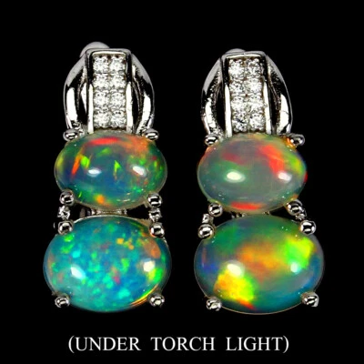 925 Sterling Silver Earrings Oval Fire Opal 8x6mm  Gemstone Jewelry - Image 1 of 4